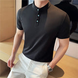 Turquesa botão design henry pescoço polo camisa 2025 verão nova manga curta masculina fino ajuste sólido confortável algodão camisetas topos