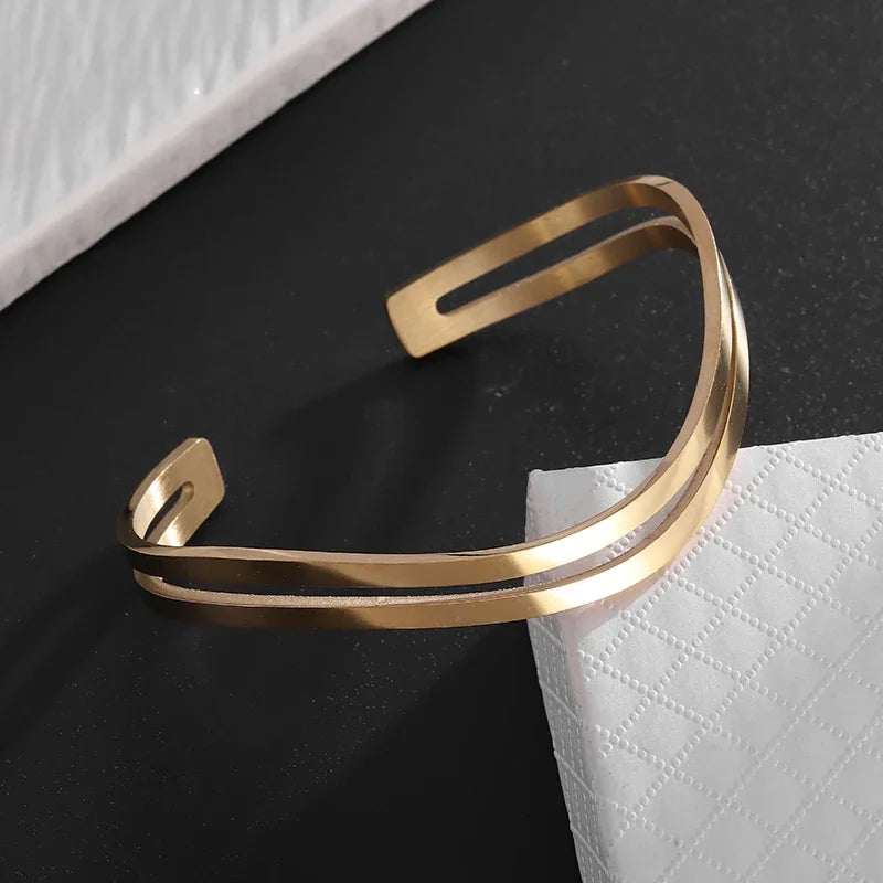 Pulseira de punho simples brilhante de dupla camada de aço inoxidável adequada para homens e mulheres pulseira de punho de duas cores joias de casal