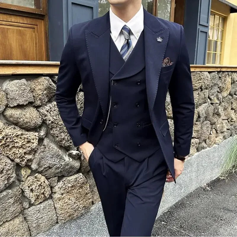(Jaquetas + calças + colete) homens de alta qualidade fino ajuste festa smoking 3 peças moda duplo breasted colete design casamento terno social