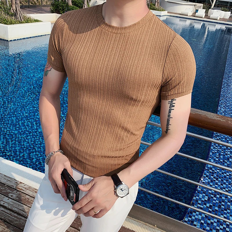 Estilo britânico verão fino gelo seda sólida t camisas roupas masculinas 2022 em torno do pescoço manga curta fino ajuste casual camiseta topo streetwear