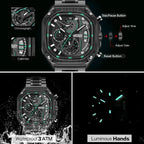 Megir relógio de quartzo preto masculino, à prova d'água, mostrador quadrado, relógio de pulso com cronógrafo, pulseira de aço inoxidável, mãos luminosas, data automática