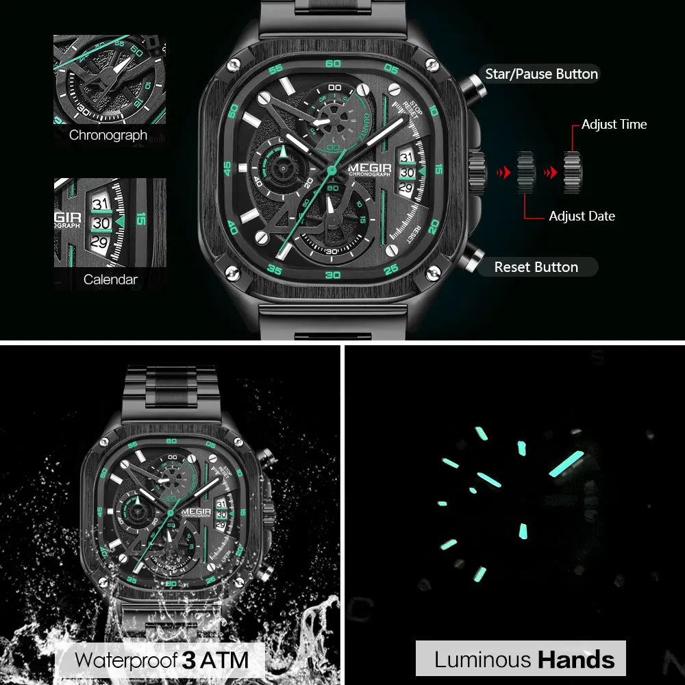 Megir relógio de quartzo preto masculino, à prova d'água, mostrador quadrado, relógio de pulso com cronógrafo, pulseira de aço inoxidável, mãos luminosas, data automática