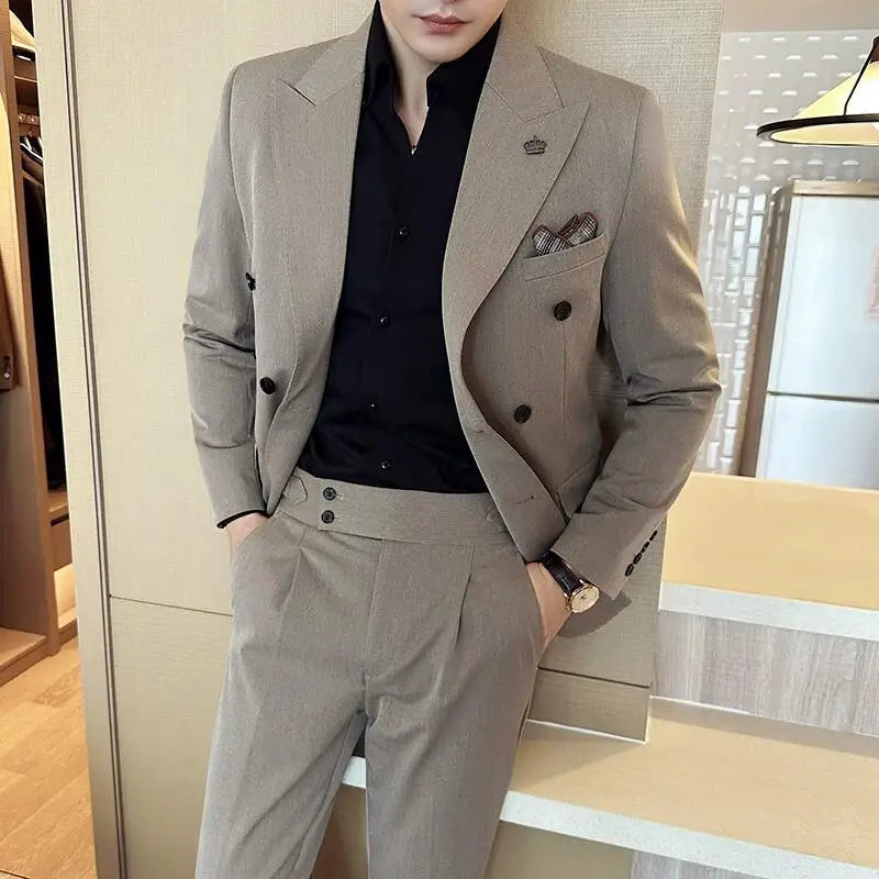 (Blazer + calças) moda duplo breasted design fino terno masculino estilo italiano luxo casamento festa social smoking 2 peça conjunto