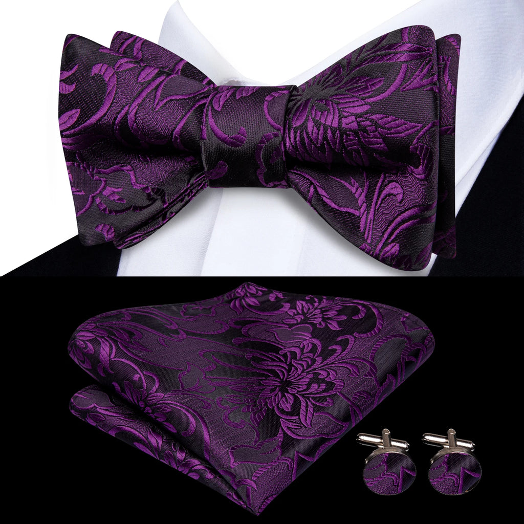 Conjunto de gravata paisley roxa de luxo masculino, caixa de presente com gravata, gravata borboleta, lenço, abotoaduras, anel, clipe de lapela e boutonniere.
