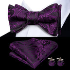 Conjunto de gravata paisley roxa de luxo masculino, caixa de presente com gravata, gravata borboleta, lenço, abotoaduras, anel, clipe de lapela e boutonniere.