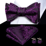 Conjunto de gravata paisley roxa de luxo masculino, caixa de presente com gravata, gravata borboleta, lenço, abotoaduras, anel, clipe de lapela e boutonniere.