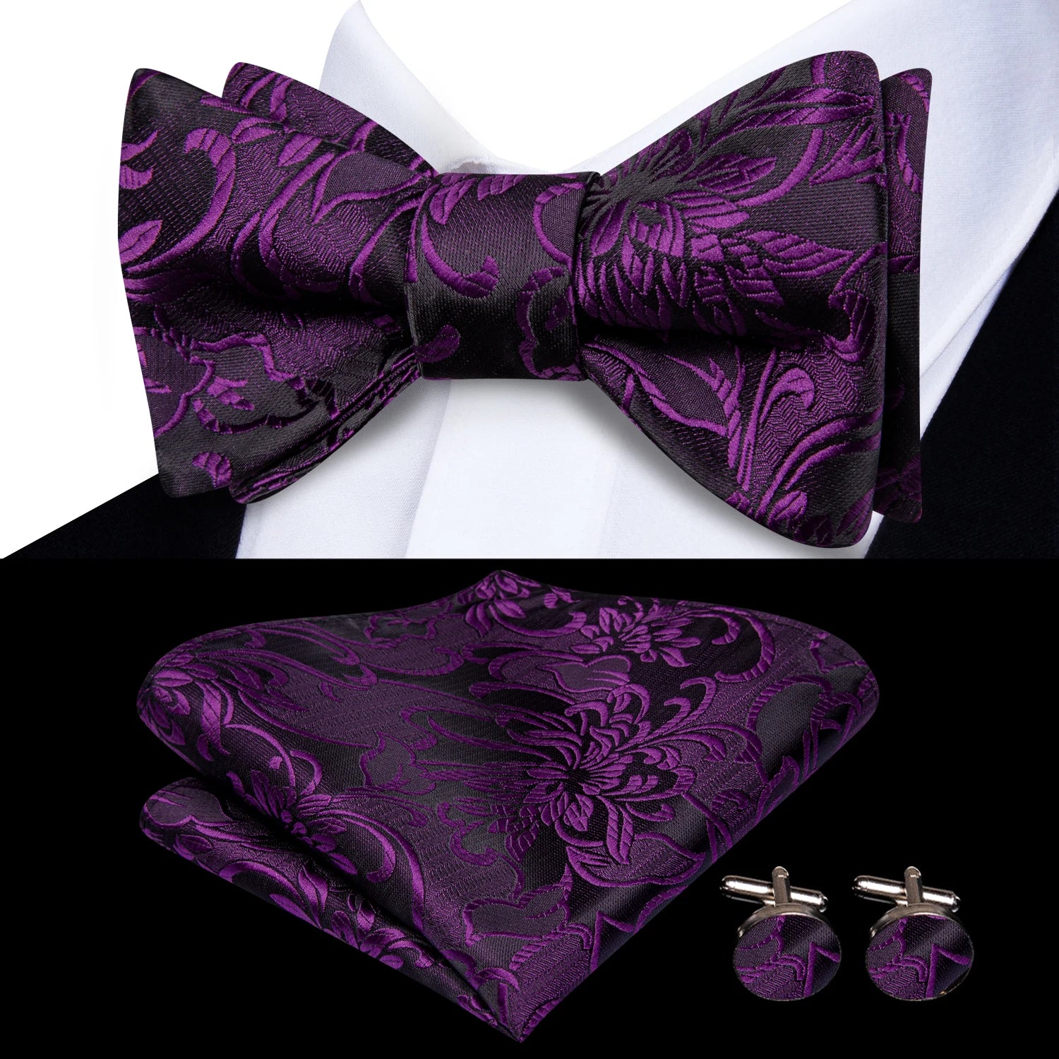 Conjunto de gravata paisley roxa de luxo masculino, caixa de presente com gravata, gravata borboleta, lenço, abotoaduras, anel, clipe de lapela e boutonniere.