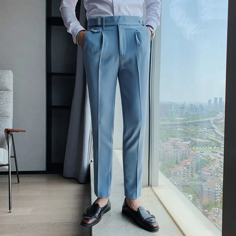 Calça de terno de cintura alta monocromática estilo britânico masculina, calça formal de negócios, calça escritório casual fina, alta qualidade, nova, 2022