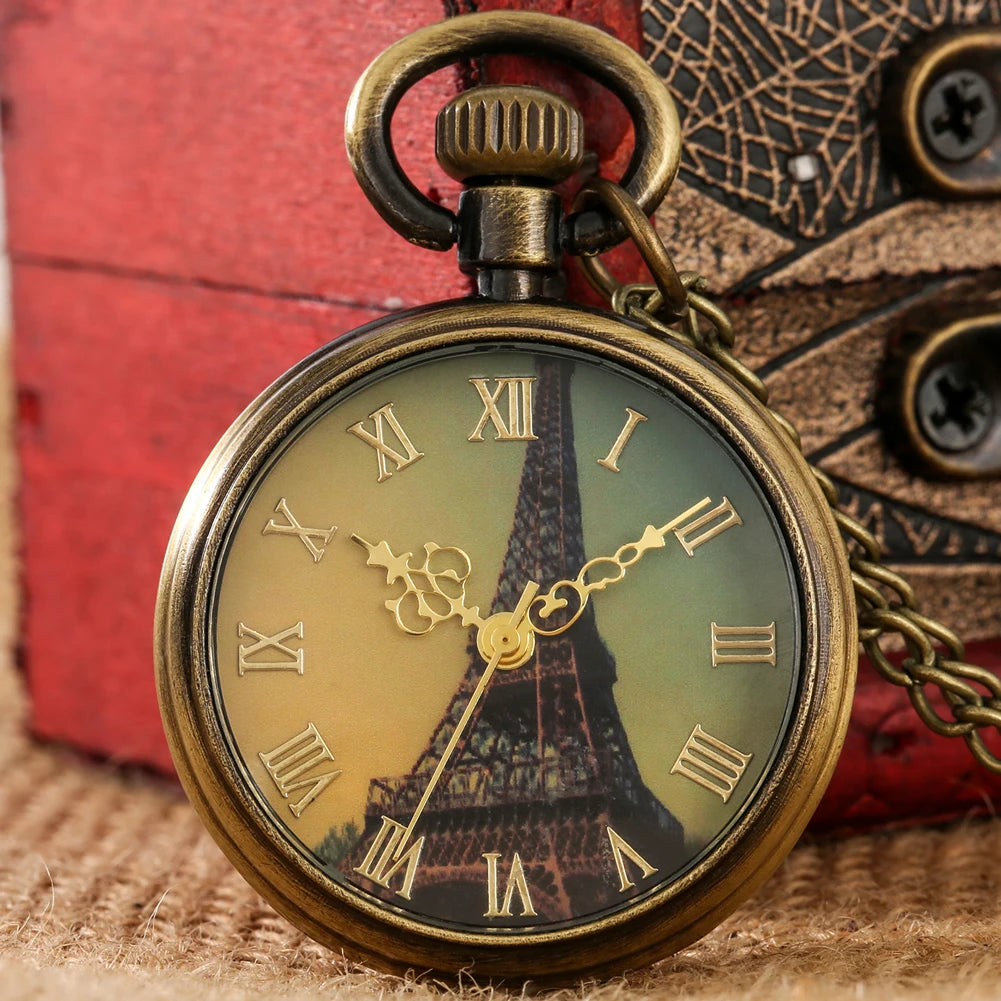 Bronze Moda Paris Torre Eiffel Notre Dame Design Relógio de Bolso de Quartzo LE LOUVRE Colar Pingente Arte Lembrança Relógios