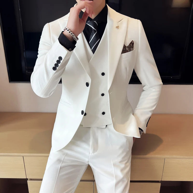 (Blazer + colete + calças) 2025 design mais recente colete duplo breasted terno masculino de alta qualidade negócios simples casual casamento smoking