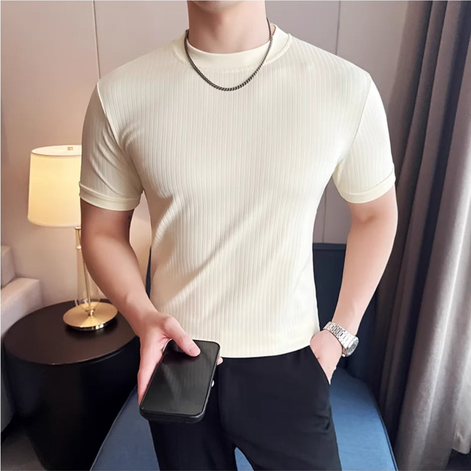2025 moda risca de giz camisetas masculinas primavera verão o-pescoço fino ajuste casual respirável t camisa pulôver roupas masculinas 4xl-m