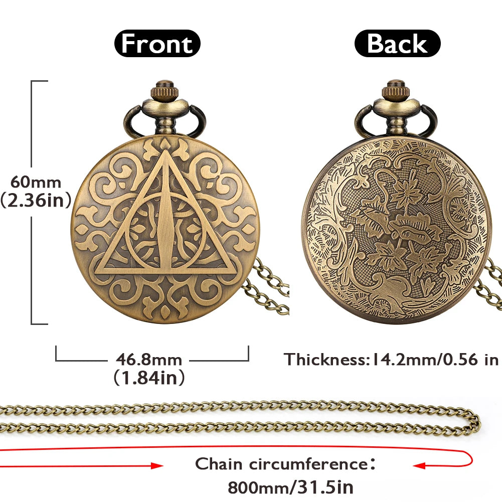 Vintage Triangle Legend Bronze Pattern Quartz Pocket Watch, Analógico Fob Chain, Antique Gift, Charming Pendant, Homens e Mulheres