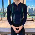 2024 outono inverno nova camisola listrada para homens moda zíper flip colarinho de malha camisa polo masculina manga longa magro casual puxar