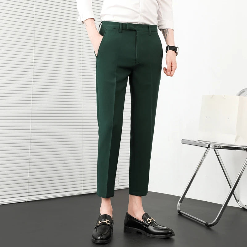 Verão nova cor sólida negócios calças casuais masculino fino ajuste social terno pant formal escritório tornozelo comprimento calças streetwears 36-29