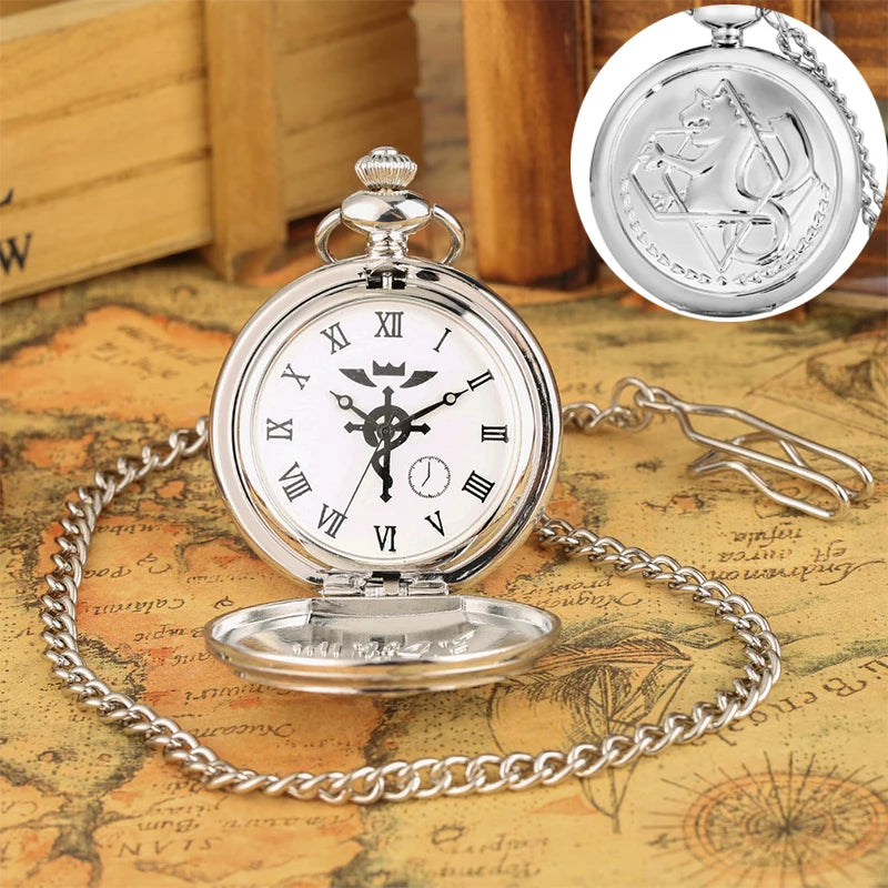 Vintage preto fullmetal alchemist relógio de bolso quartzo steampunk popular edward elric colar corrente fãs cosplay anime relógios