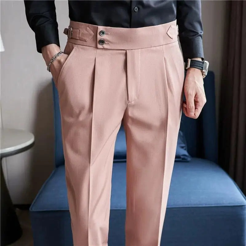 Estilo britânico masculino cintura alta vestido casual calça masculina cinto design calças finas formal escritório social festa de casamento vestido terno calças