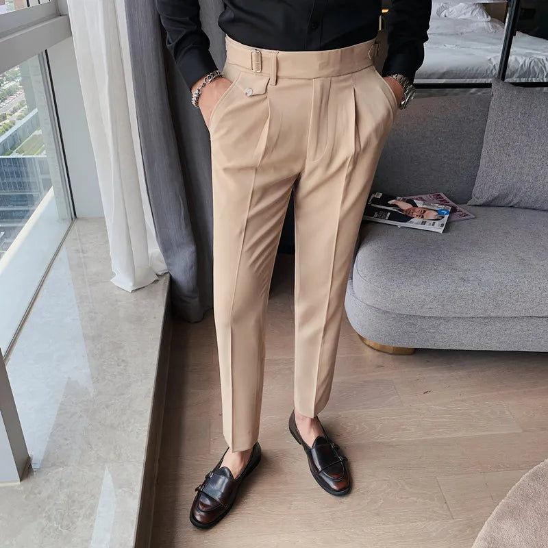 Calça de terno de cintura alta monocromática estilo britânico masculina, calça formal de negócios, calça escritório casual fina, alta qualidade, nova, 2022