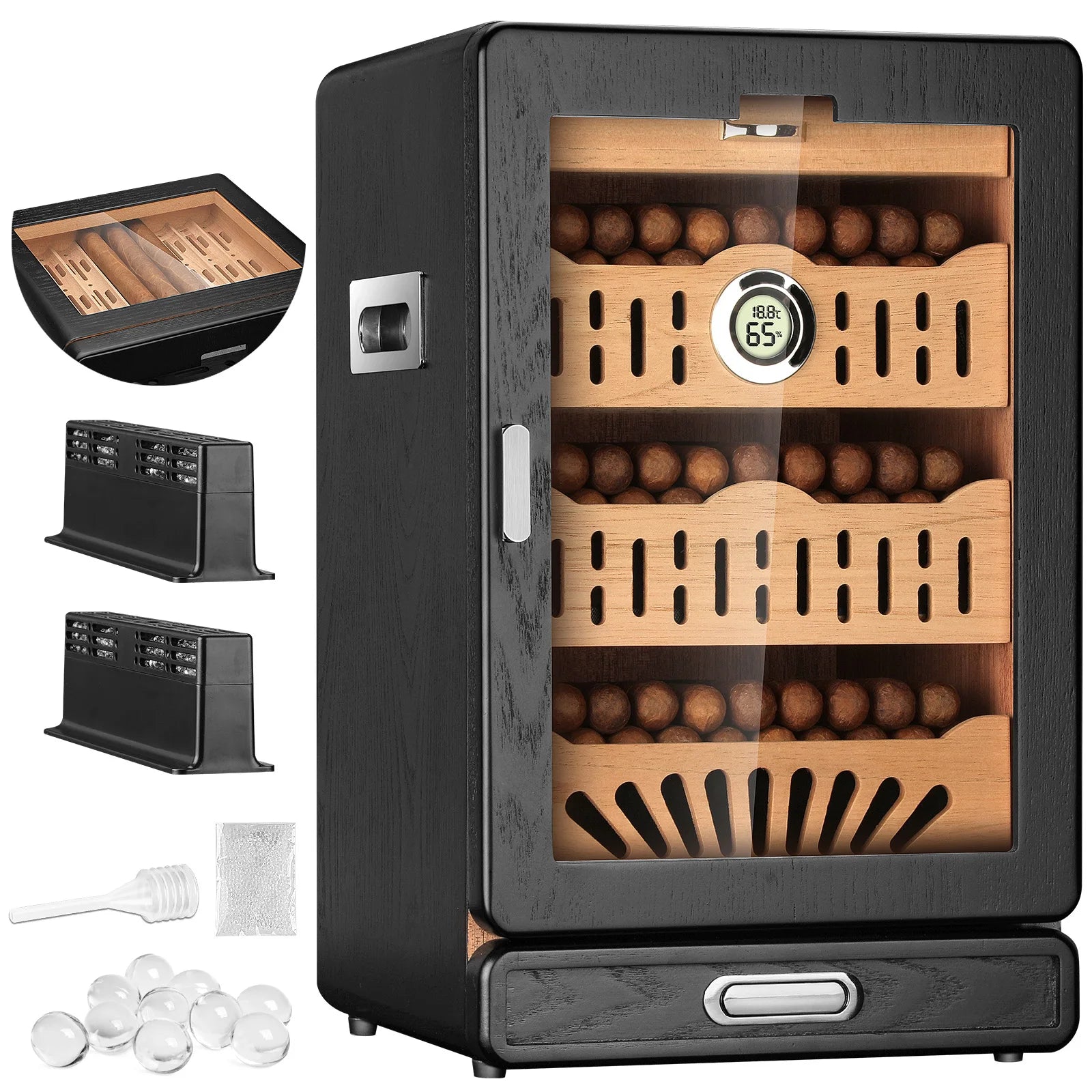 Humidor de charutos, armário de mesa com tampo de vidro, bandeja de cedro espanhol, gaveta de acessórios, 2 umidificadores e higrômetro digital, dia dos pais