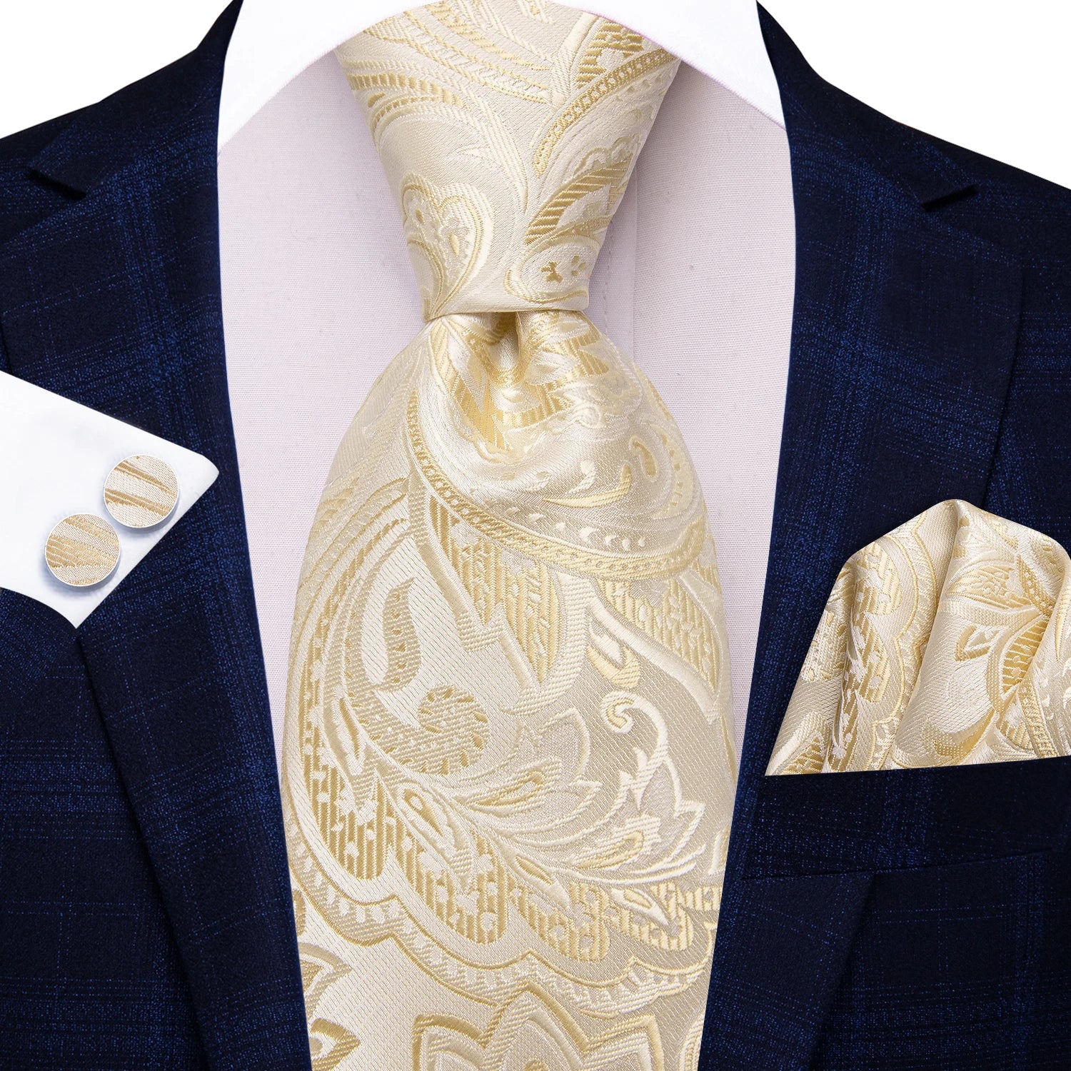 Hi-tie floral champanhe marfim masculino elegante gravata lenço abotoaduras para smoking moda clássico seda gravata de luxo para homem