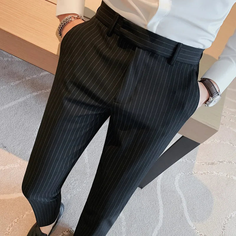 Estilo britânico listrado fino ajuste terno pant homens negócios casual simples vestido calças de alta qualidade social festa de casamento 38-28