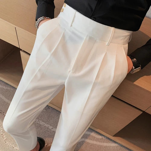 Calça casual de cintura alta masculina, estilo britânico, design plissado de Twirt, Nápoles, fina, simples, festa social, calça de terno, plus size 38