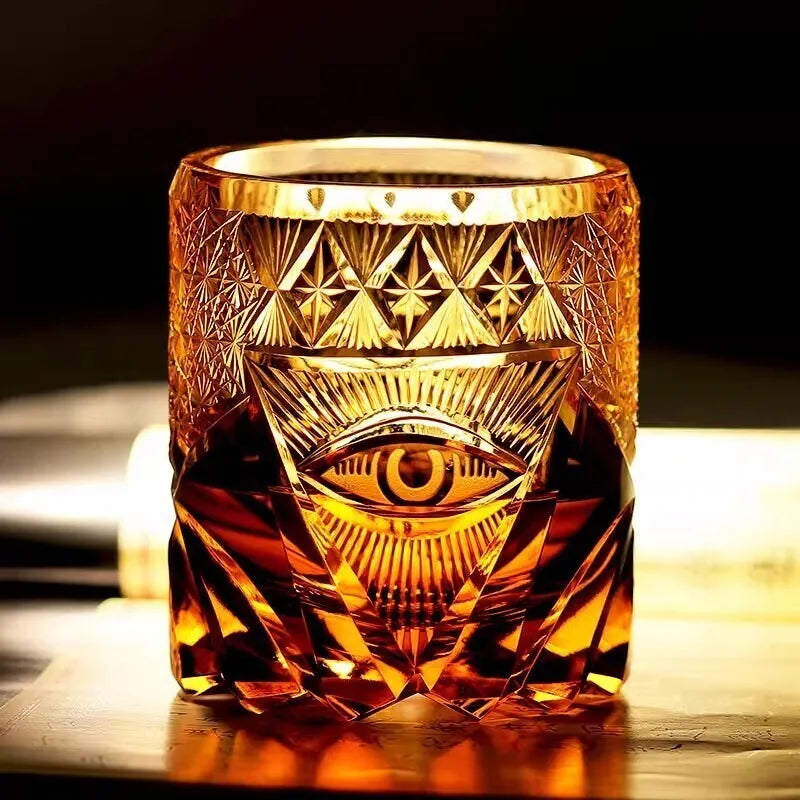 Olho de deus edo kiriko copo de vinho corte à mão âmbar cristal copo de uísque símbolo de energia high end brandy snifter rock vidro para chefe