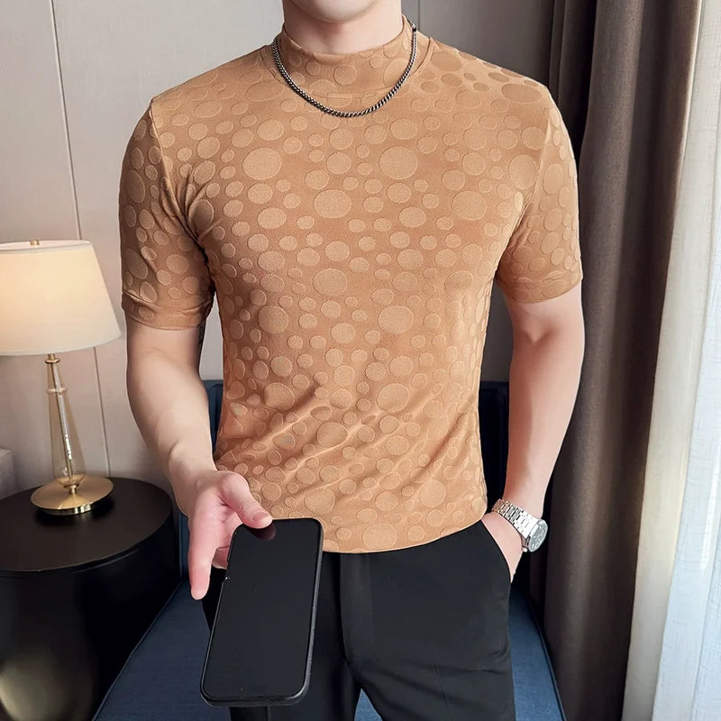 Dot print camisetas masculinas verão meia alta pescoço cor sólida fino ajuste casual versátil respirável t camisa pulôver roupas masculinas