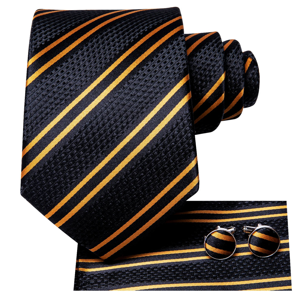 Hi-tie caixa de presente de luxo listrado dourado gravata macia lenço masculino conjunto de abotoaduras casamento alta qualidade