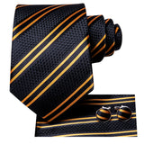 Hi-tie caixa de presente de luxo listrado dourado gravata macia lenço masculino conjunto de abotoaduras casamento alta qualidade