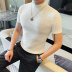 Verão meia gola alta elástica t camisas para homens moda coreana versátil fino ajuste manga curta pullovers casuais topos t 4xl-m