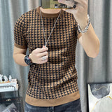 Novo houndstooth masculino manga curta camisola camiseta o pescoço de malha topo t streetwear alta qualidade clube social casual camiseta