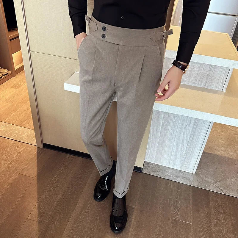 Outono inverno cintura alta calças de vestido de negócios dos homens casual cinto design fino terno calças formal casamento festa social calças masculinas