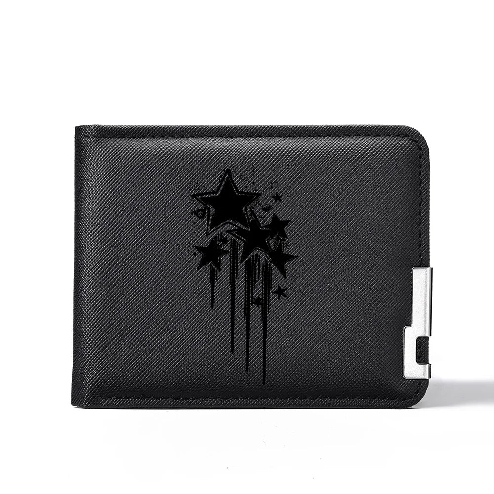 Carteira curta masculina de couro PU casual criativa com estampa de estrela preta adequada para carteira de negócios