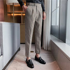 Estilo britânico outono nova moda listra xadrez terno calça masculina design de cintura alta fino ajuste calças de escritório dos homens noivo calças de casamento