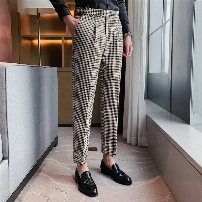 Estilo britânico outono nova moda listra xadrez terno calça masculina design de cintura alta fino ajuste calças de escritório dos homens noivo calças de casamento