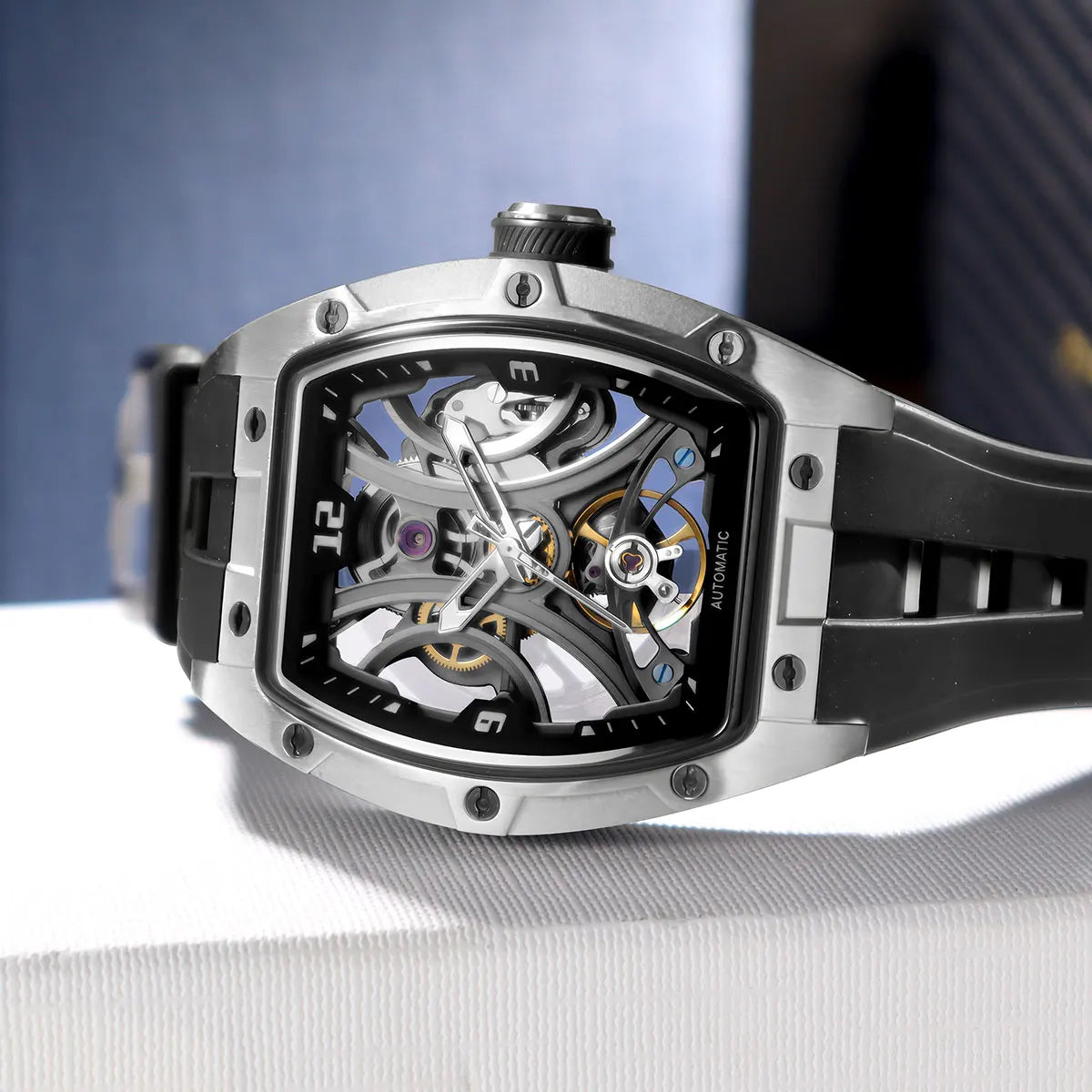 MEGIR Moda Esportes Relógio Mecânico para Homens Relógio de Pulso Automático com Pulseira de Silicone Transparente Tonneau Dial