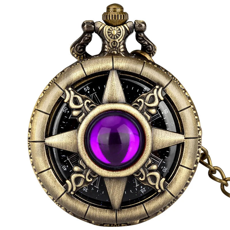 Exquisite Emerald-Green Stone Bronze Case Quartz Pocket Watch, Simples Dial Branco Cadeia Relógio, Colar Pingente para Homens e Mulheres