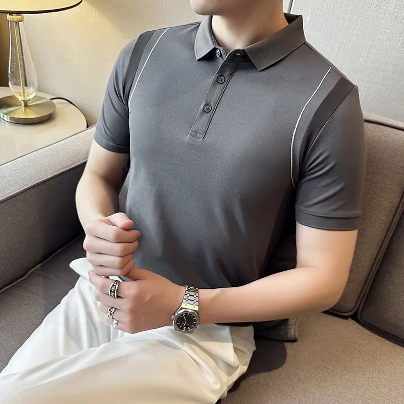Camisa polo de manga curta emendada masculina 2025 verão de alta qualidade seda gelo fino ajuste casual camiseta topos roupas masculinas 4xl-m