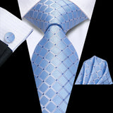 Hi-tie masculino elegante gravata lenço abotoaduras 3 pçs conjunto xadrez azul claro para smoking moda clássico seda luxo gravata para homem