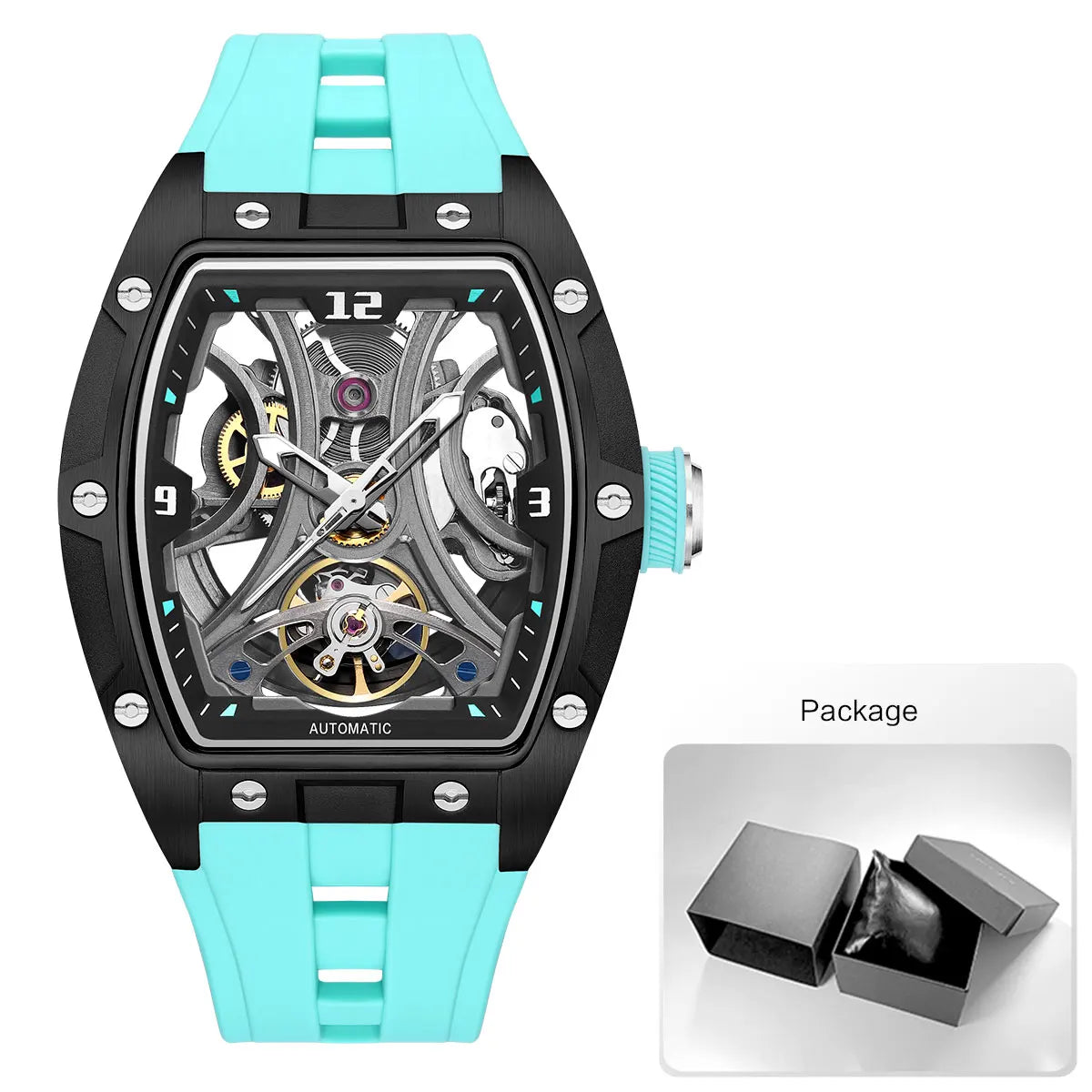 MEGIR Moda Esportes Relógio Mecânico para Homens Relógio de Pulso Automático com Pulseira de Silicone Transparente Tonneau Dial
