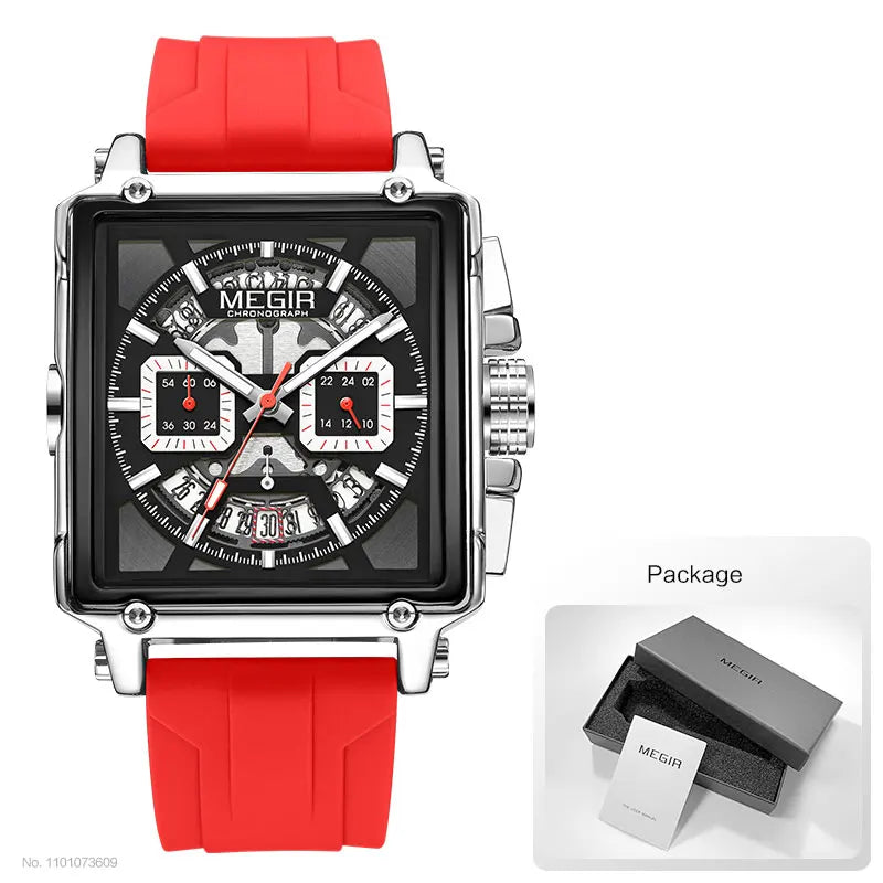 MEGIR-Relógio de quartzo quadrado masculino, moda, impermeável, luminoso, cronógrafo, data, azul, Silicone Strap, esporte, 2233