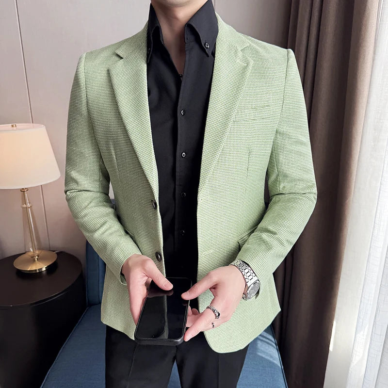 Seda brilhante mil pássaro grade terno jaqueta estilo coreano moda de negócios fino ajuste único breasted masculino festa social vestido casacos