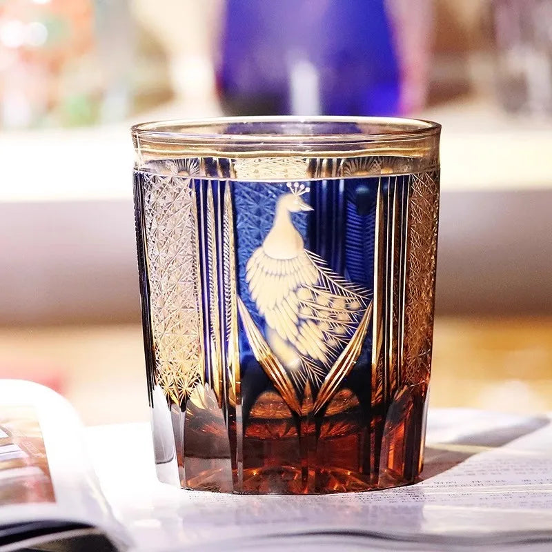 Edo Kiriko Copo de vinho, Verde, Azul, Handmade, Copo de uísque, Gravura do pavão, Beber copo, Estilo japonês, Luxo
