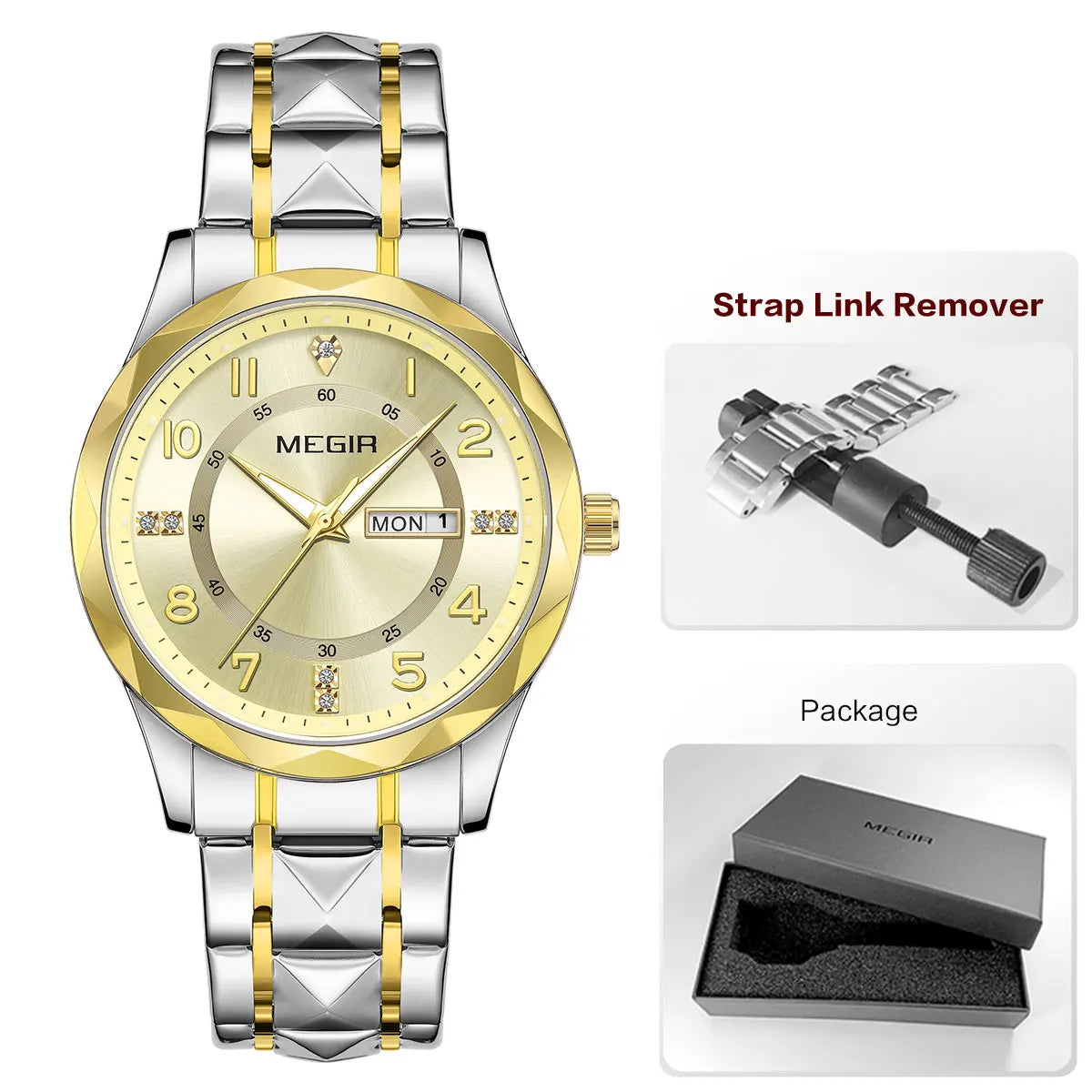 Megir relógio masculino de quartzo com pulseira de aço inoxidável, relógio de pulso estilo simples e data do dia, calendário, caixa de liga
