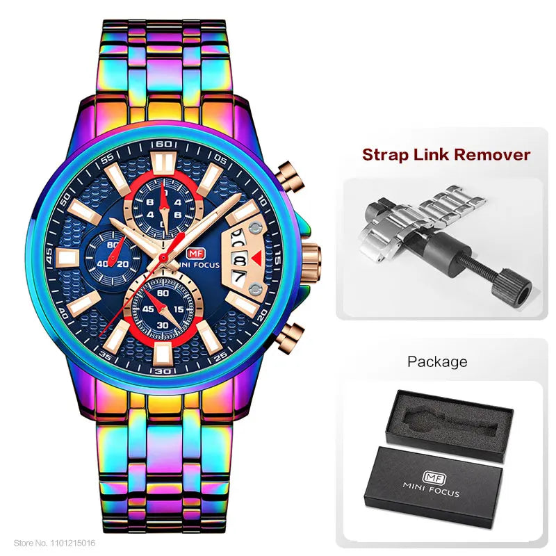 MINI FOCUS Motley Relógios para Homens Moda Esporte Cronógrafo Relógio de Pulso de Quartzo com Data Luminosa Mãos Pulseira de Aço Inoxidável Homem