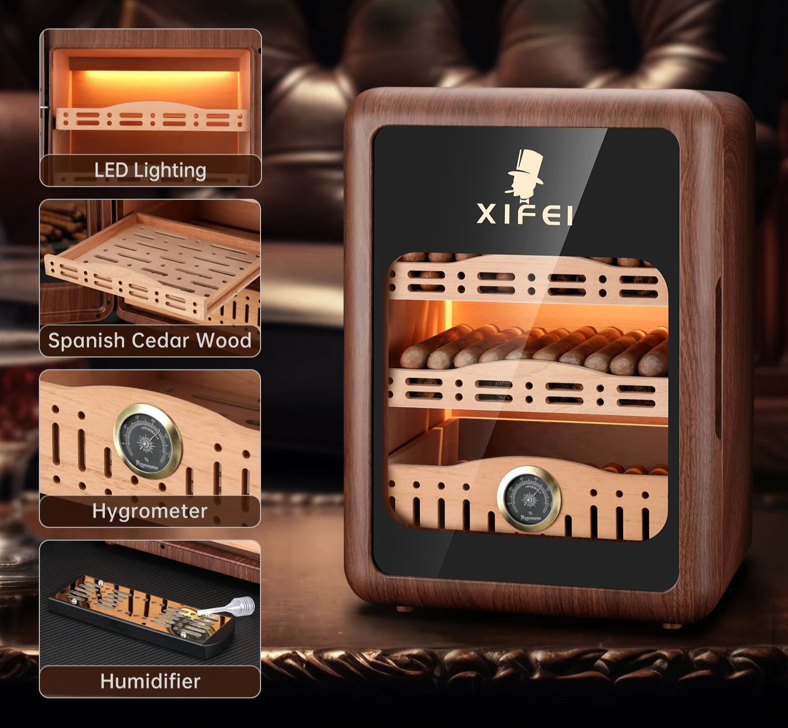 Umidificador de charutos XIFEI, armário de umidificador de charutos de até 150 charutos, umidificador de mesa com iluminação LED com prateleiras de madeira de cedro espanhol, higrômetro