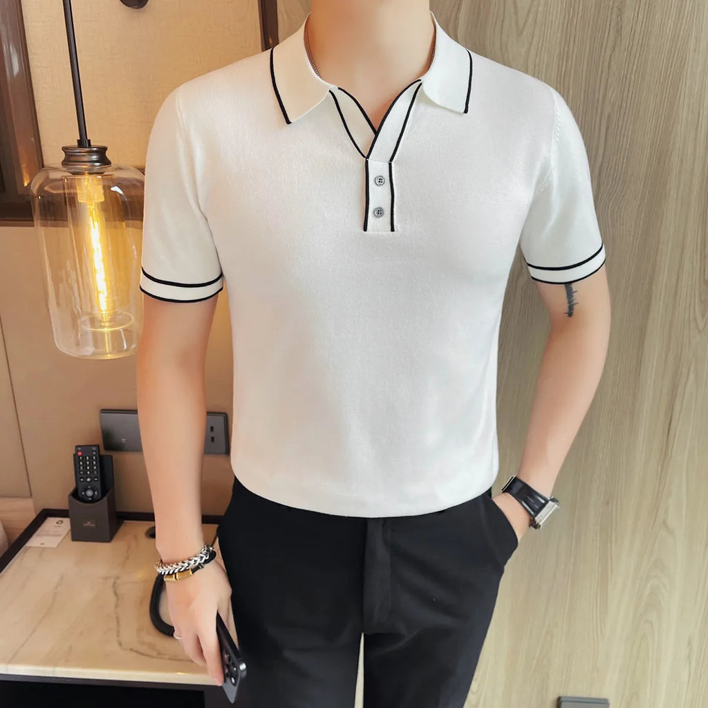 Camisa polo de seda gelo de malha com decote em v masculina 2025 verão moda sólida manga curta t camisa masculina fino ajuste casual camisetas topos