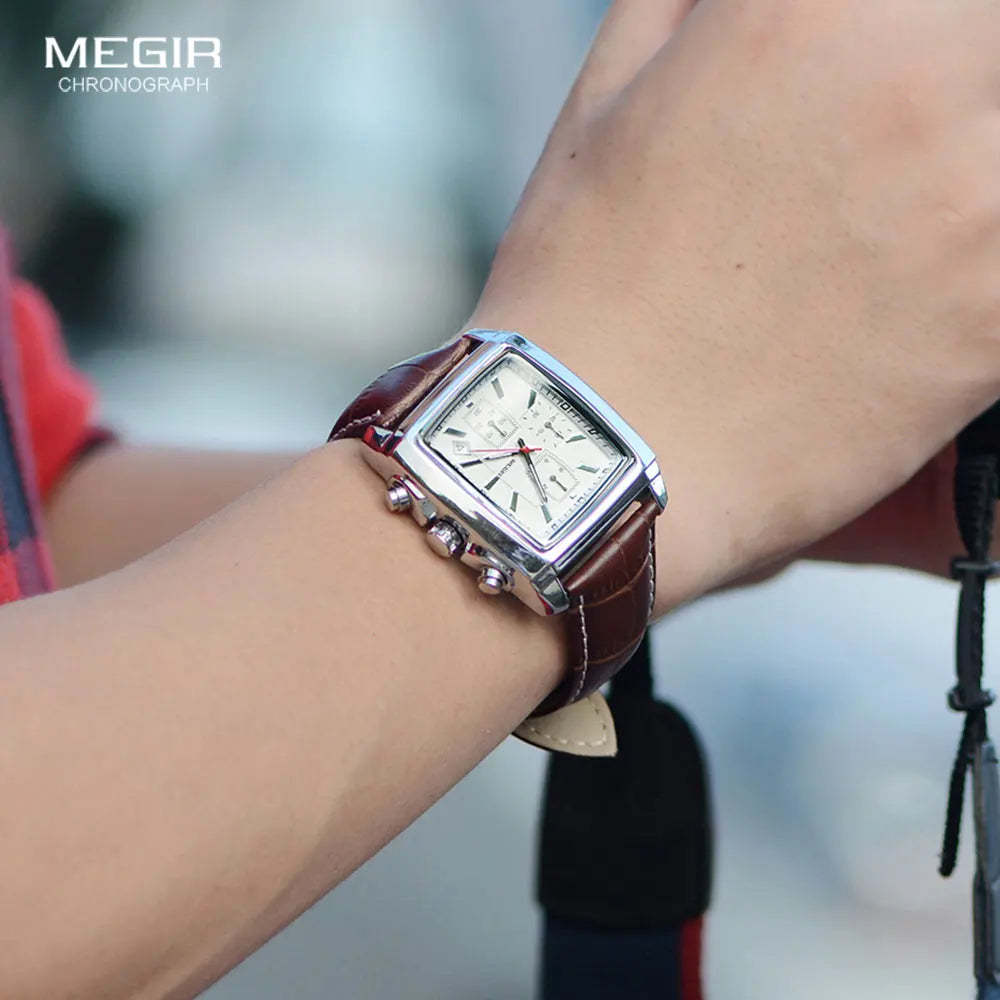 Megir retângulo dial pulseira de couro relógio para homem casual azul cronógrafo relógios de quartzo homem relógio de pulso montre reloj Часы m �
