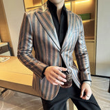 Alta qualidade vintage camurça linha bronzeamento listrado terno casaco 2025 outono novos homens fino negócios social formal terno jaqueta fraques