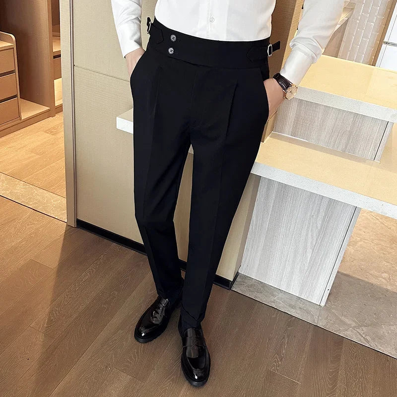 Outono inverno cintura alta calças de vestido de negócios dos homens casual cinto design fino terno calças formal casamento festa social calças masculinas